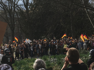 Ein Marsch von alten Menschen mit Deutschlandfahnen über eine grüne Wiese. Die Leute winken fröhlich mit Fähnchen.